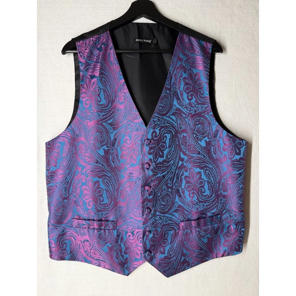 Magenta Pink Blue Turquoise Paisley Brocade Tuxedo Vest Men's L Pockets Wedding